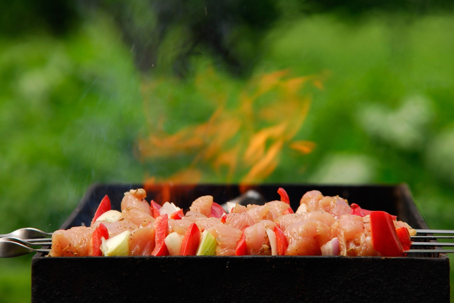 raw turkey kebabs over a grill