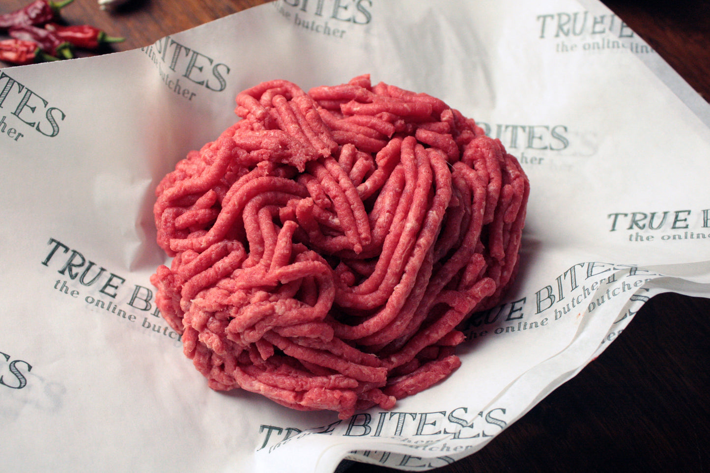 beef mince displayed on true bites greaseproof paper