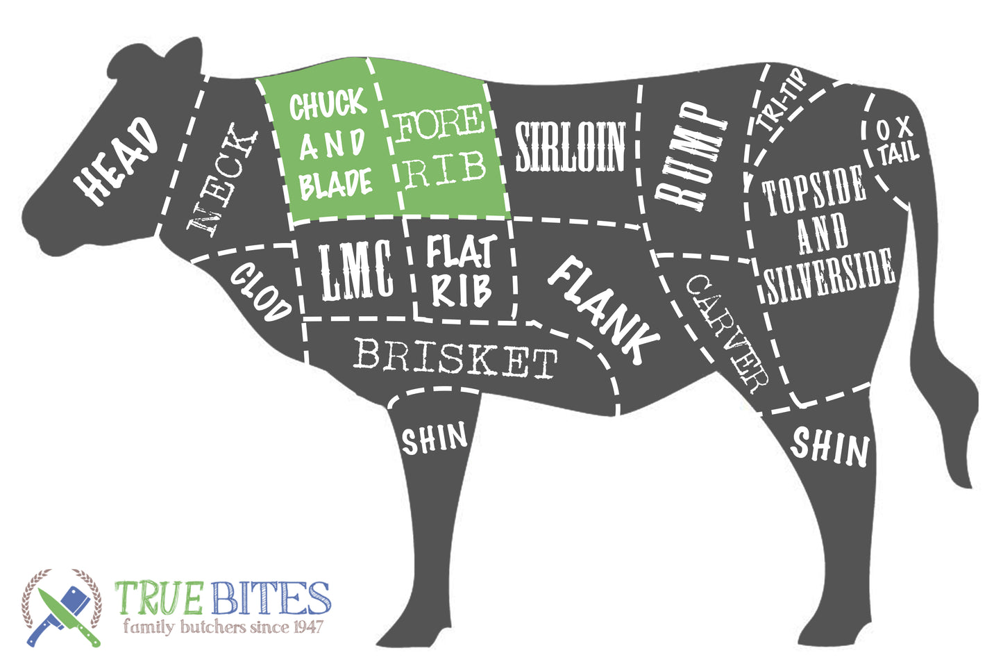 beef cutting diagram highlighting chuck and blade and fore rib 