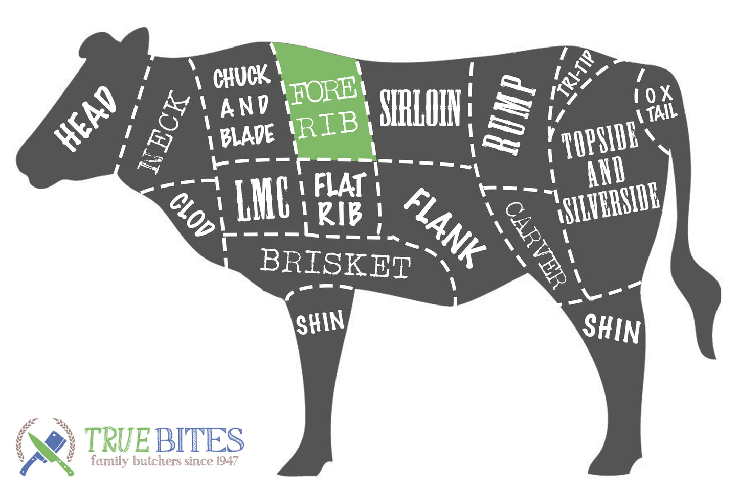 beef cutting diagram with fore rib highlighted