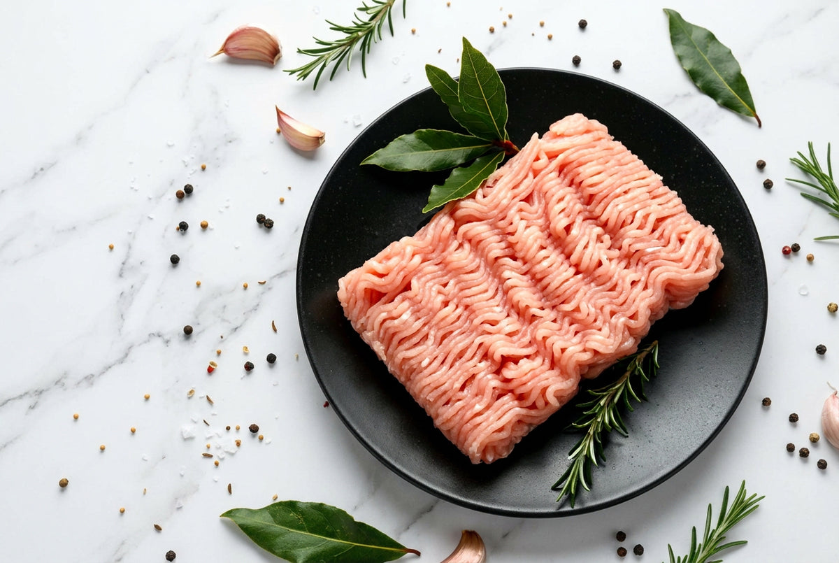 raw turkey mince on a black plate on a black slate counter top
