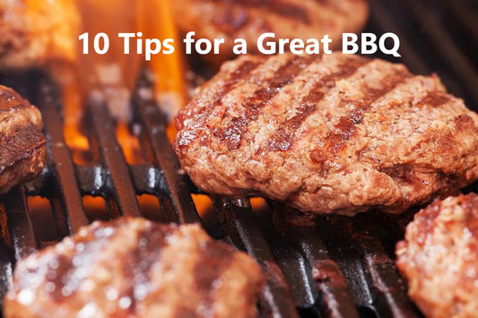 burger cooking on bbq with words "10 tips for a great bbq" overlaid