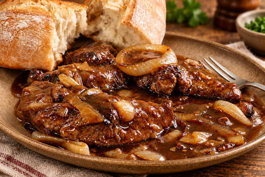 Ox liver and onions cooked in rich homemade gravy, served with crusty bread on a rustic wooden table.