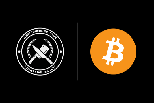 true bites and bitcoin logos on a black background 