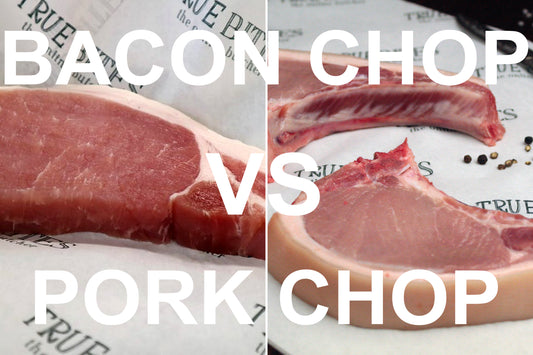 text that reads 'bacon chop vs pork chop' over a half and half photo of a bacon chop and a pork chop