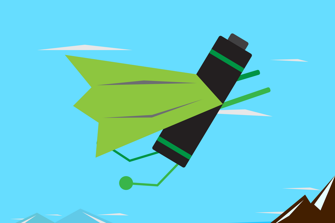 cartoon battery flying through the air with a cape on