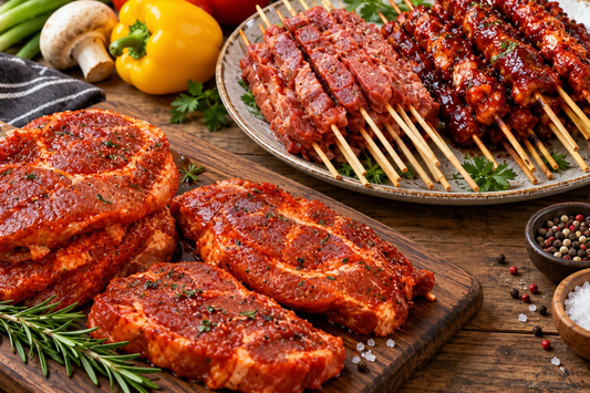 marinated lamb steaks and marinated chicken kebabs on silver plates on a wooden table