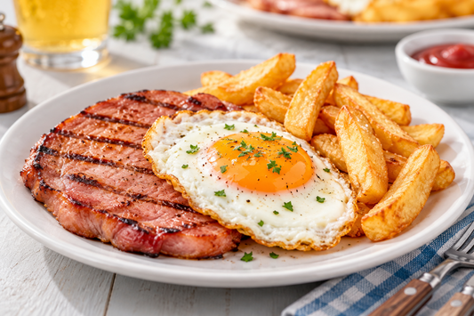 cooked gammon steak with fried egg and chips