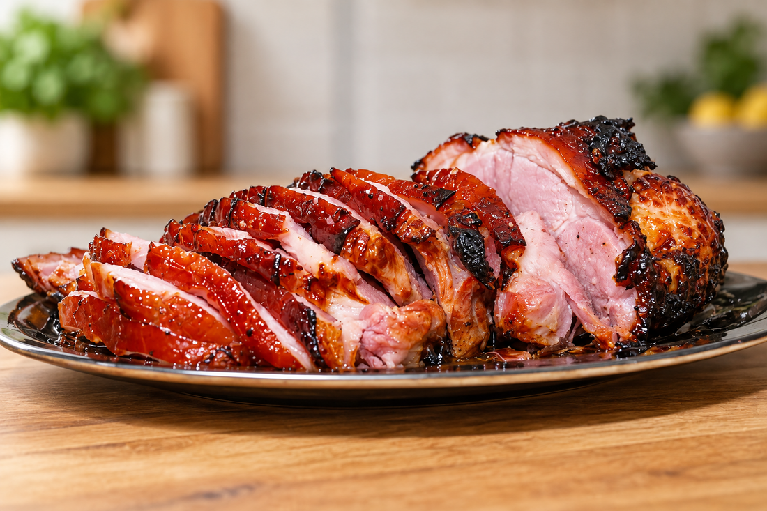 Sliced roasted gammon joint displayed on a silver plate