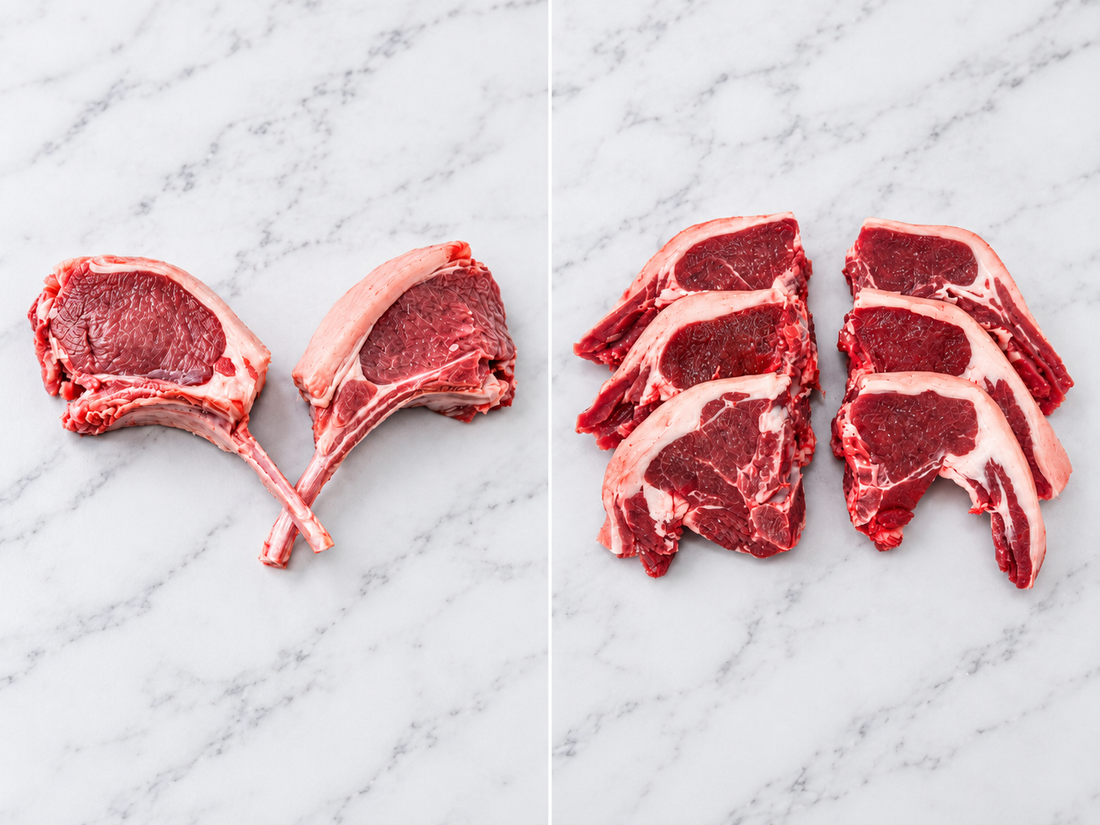 2 lamb cutlets on the left and lamb loin chops on the right
