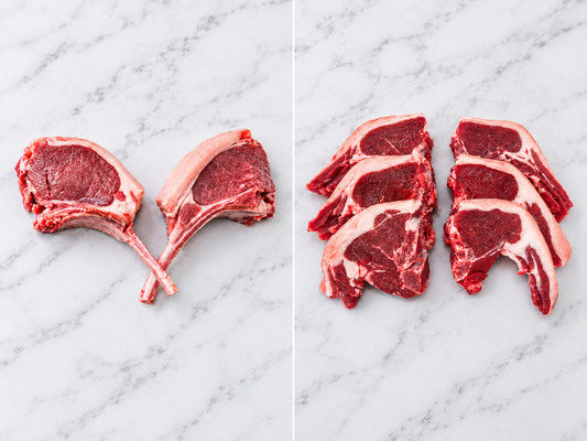 2 lamb cutlets on the left and lamb loin chops on the right