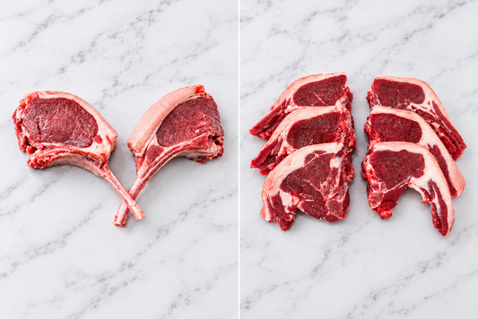 2 lamb cutlets on the left and lamb loin chops on the right