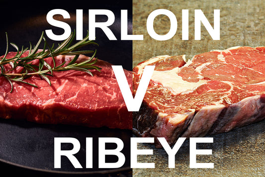 a picture of a sirloin steak and a ribeye steak with text reading 'sirloin v ribeye'