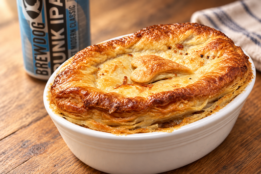 steak and beer pie with a can of ipa beer