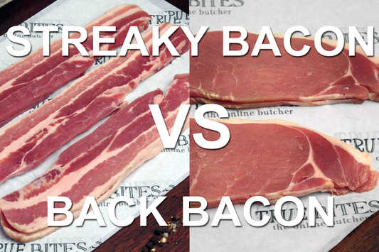 raw bacon with 'streaky bacon vs back bacon' text overlay