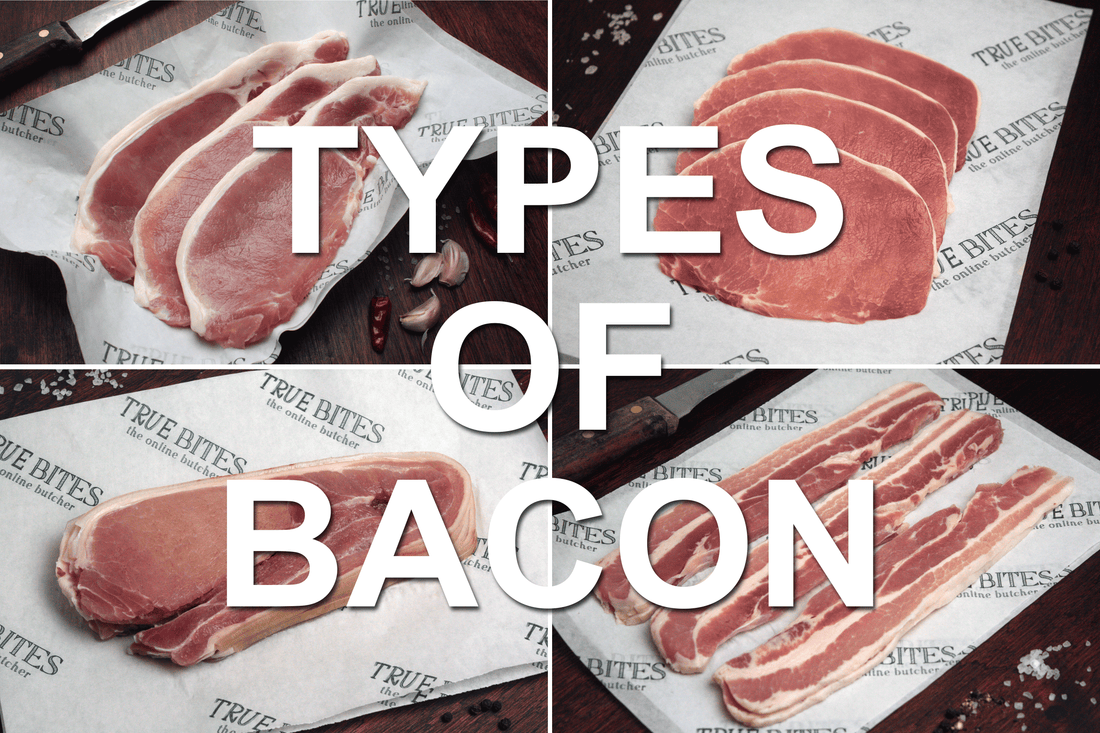 various type of bacon overlaid with text stating "types of bacon"