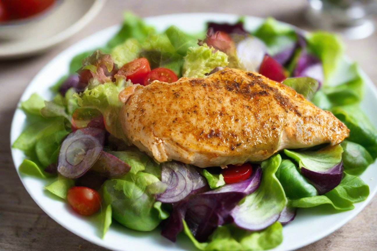cooked chicken breast on a bed of salad served on a white plate