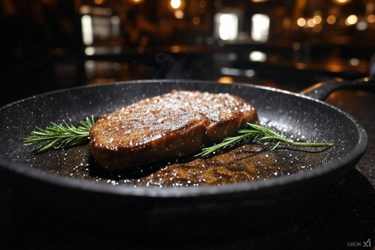 steak cooking in a frying pan with herbs