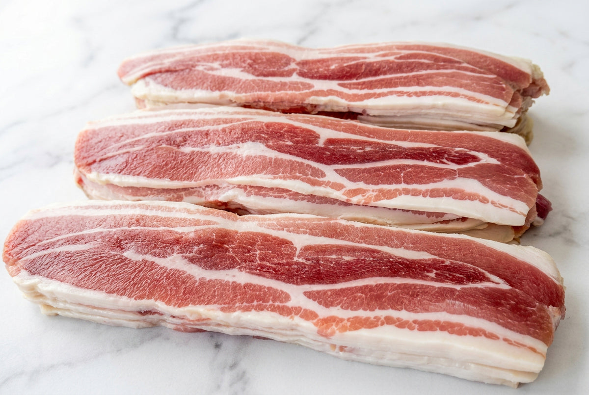 Three raw stacks of 12 slices of stacked streaky bacon strips with alternating layers of pink-red meat and white fat, arranged diagonally on a white surface.