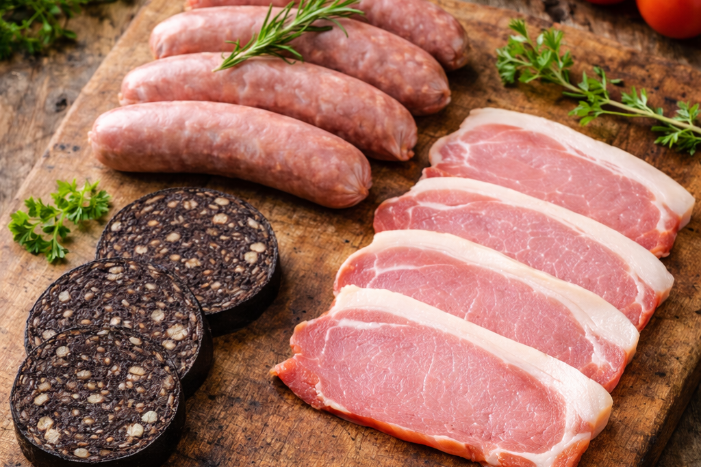 Assorted meats including sausages, black pudding, and sliced bacon on a wooden cutting board.