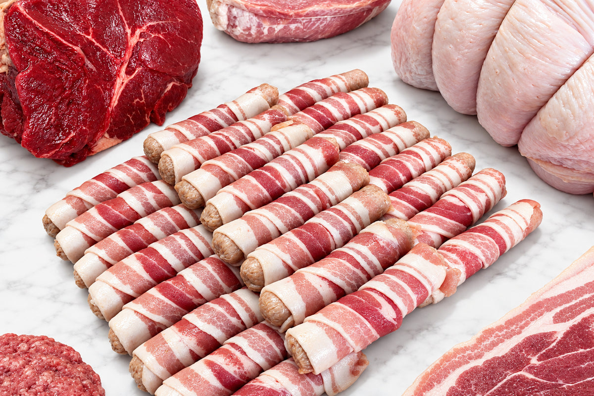 A close-up of 24 pigs in blankets arranged on a white surface, surrounded by raw meats including a red cut, a pale pink bundle, and marbled pork.