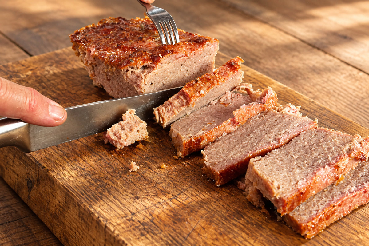 Cooked sausage meat slices on a wooden board, with a hand holding a knife and another hand using a fork in a kitchen setting.