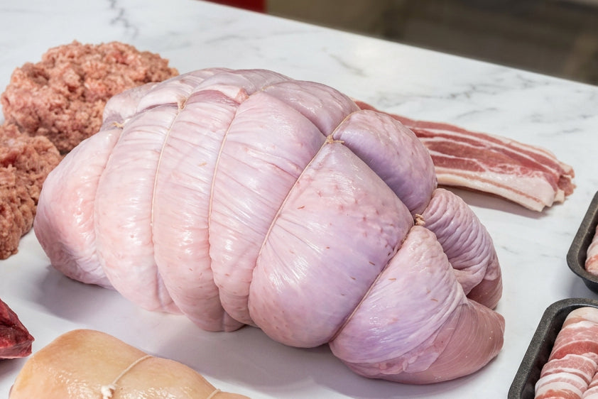 Raw strung boneless turkey butterfly displayed on a white table, including a large tied gammon joint, sliced bacon, sausage meat, and pigs in blankets in black trays.