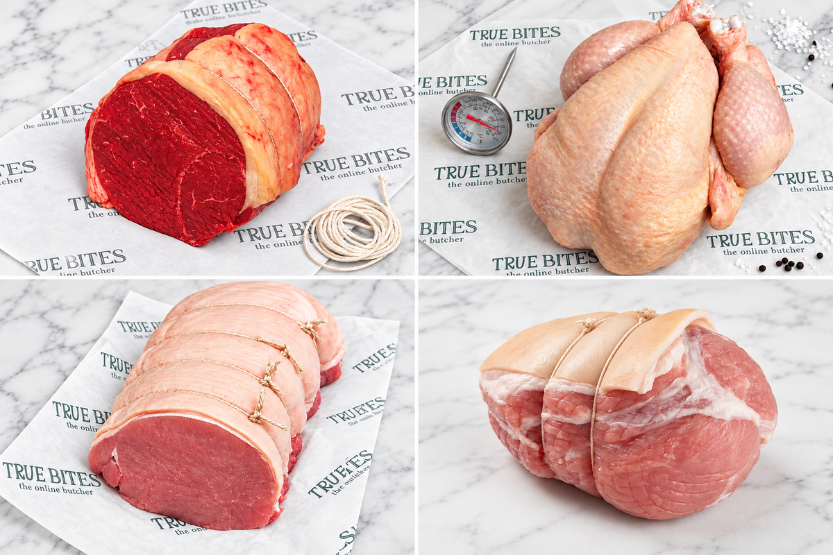 1 raw beef roasting joint, 1 raw whole chicken, 1 pork joint, 1 gammon joint on marble surface