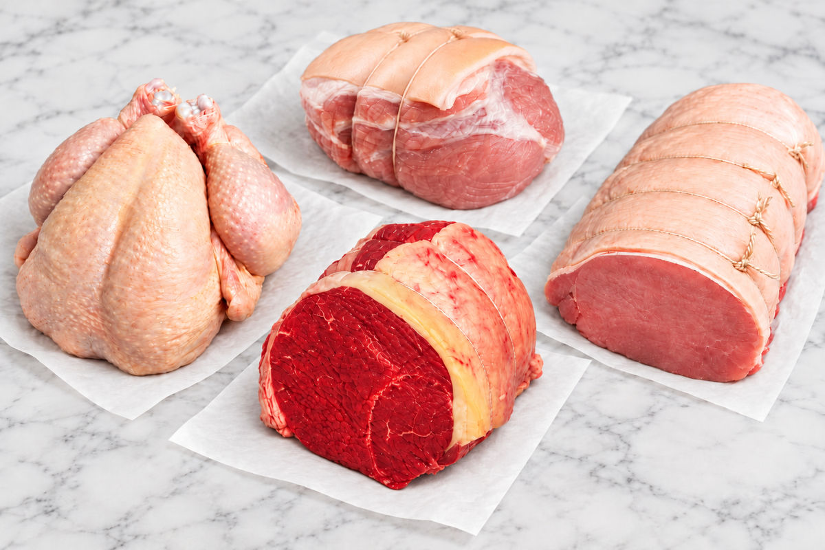 a raw whole chicken, beef joint, pork joint and gammon joint on a marble surface