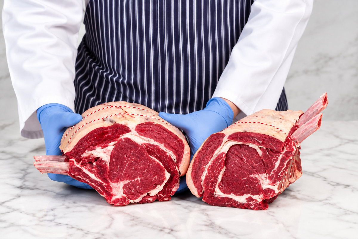 Two large rib of beef roast beef cuts held by a butcher wearing a navy and white striped apron, white chef coat, and blue gloves on a white marble countertop.