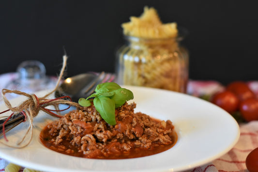 Cooked beef heart mince in bolognese dish