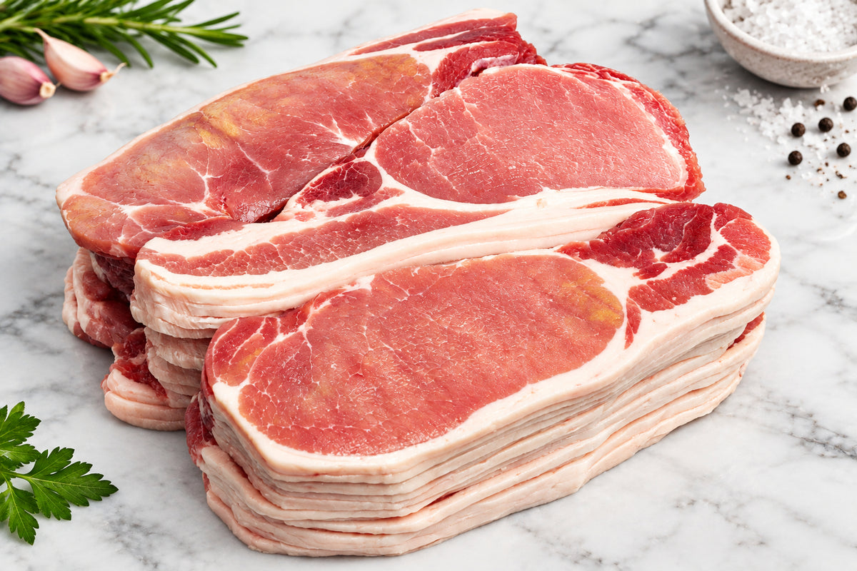 A stack of sliced back bacon with visible fat marbling, placed on branded butcher paper over a dark wooden surface.