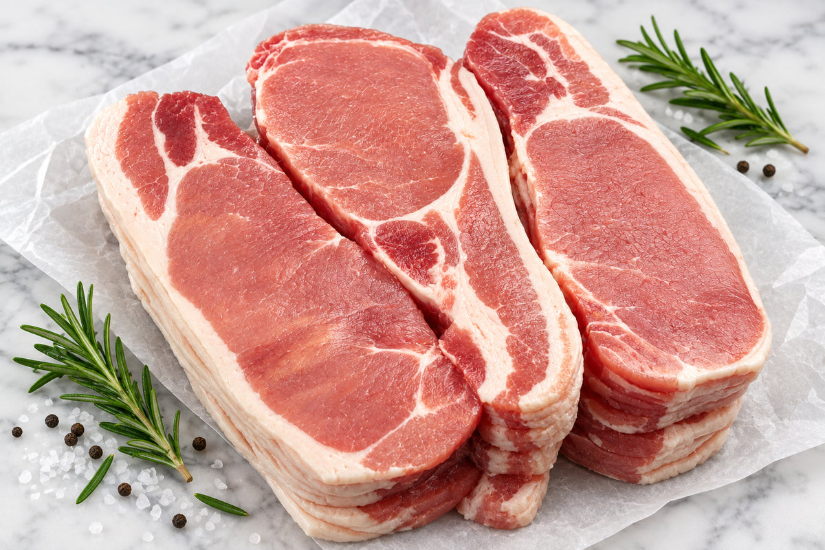 raw sliced back bacon stacked on branded paper over a dark wooden surface. The paper shows the repeated brand name True Bites.