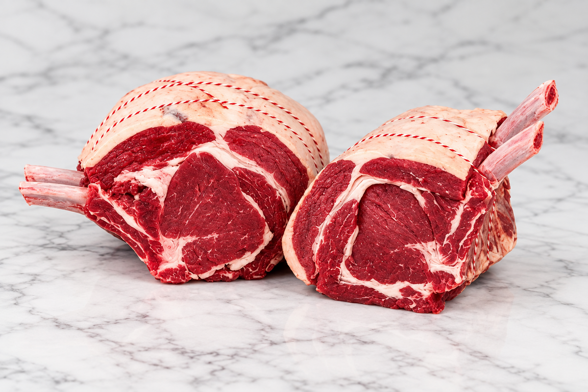 raw rib of beef on marble counter