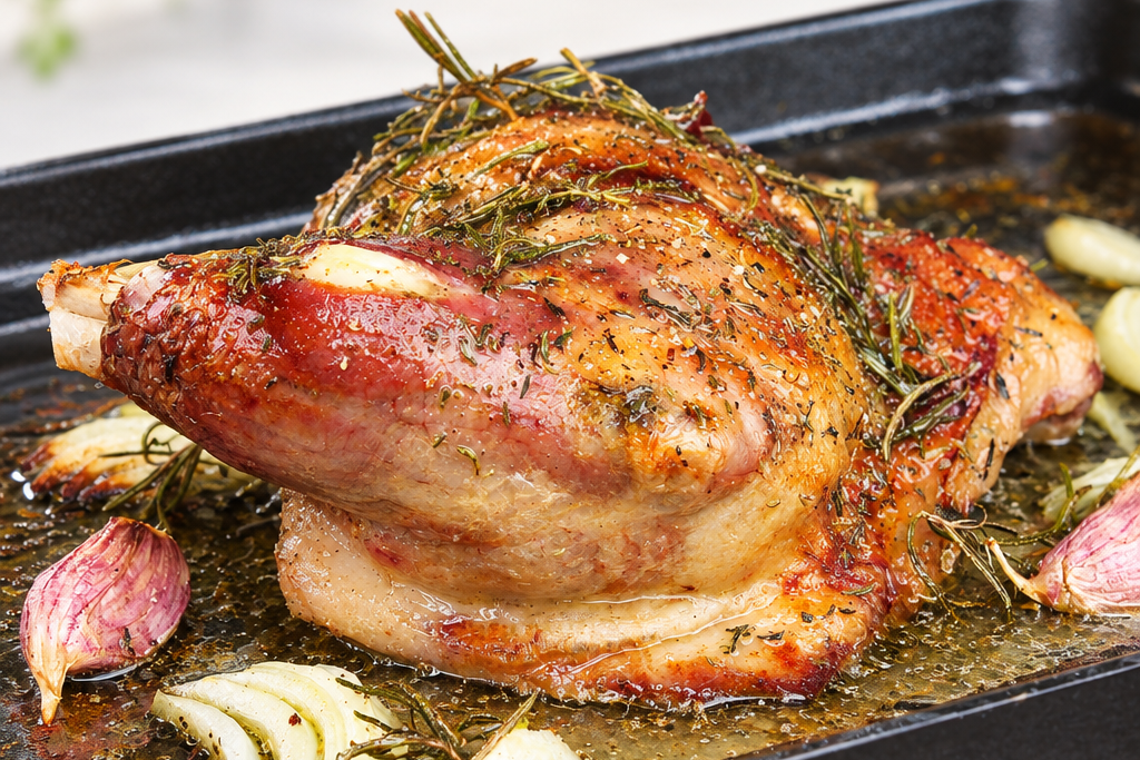 A whole roasted lamb shoulder with visible bones and seasoning, surrounded by vegetables on a black tray.