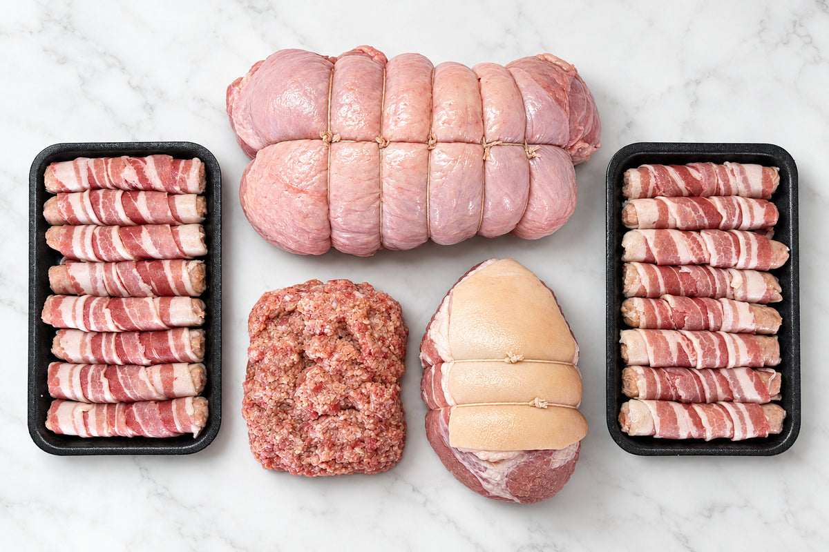 raw christmas meats on a white surface including a strung boneless turkey breast, 2 trays of eight pigs in blankets, a gammon joint and 450g of sausage meat.