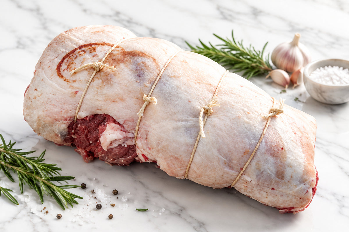 A tied raw lamb leg roll on a wooden cutting board, with other butchered meats visible in a display case in the background.