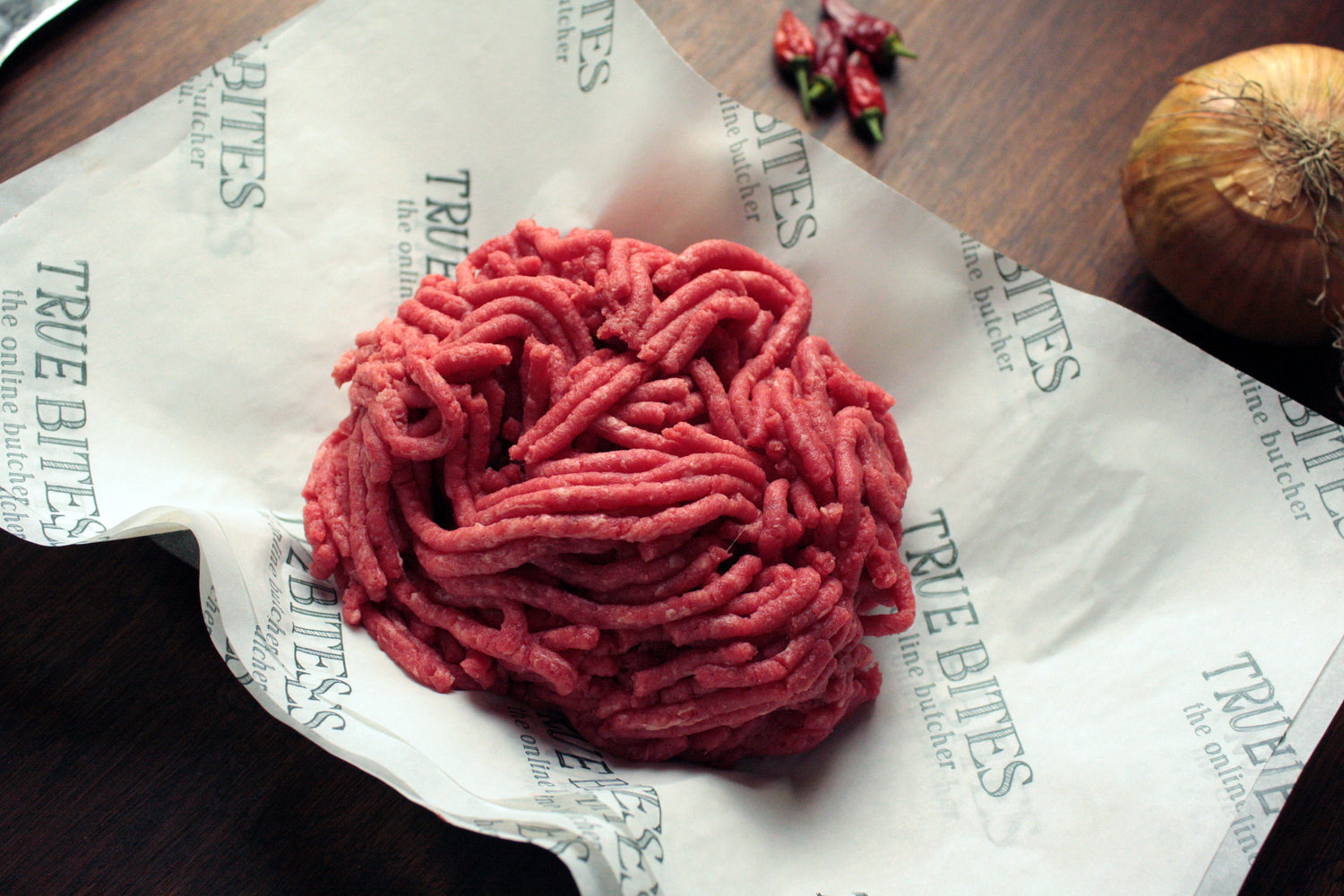 beef mince displayed on true bites greaseproof paper
