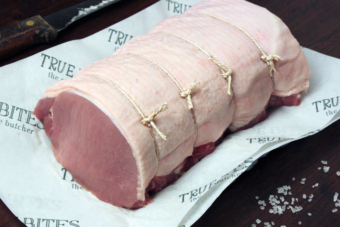 boneless rolled pork loin on true bites greaseproof paper