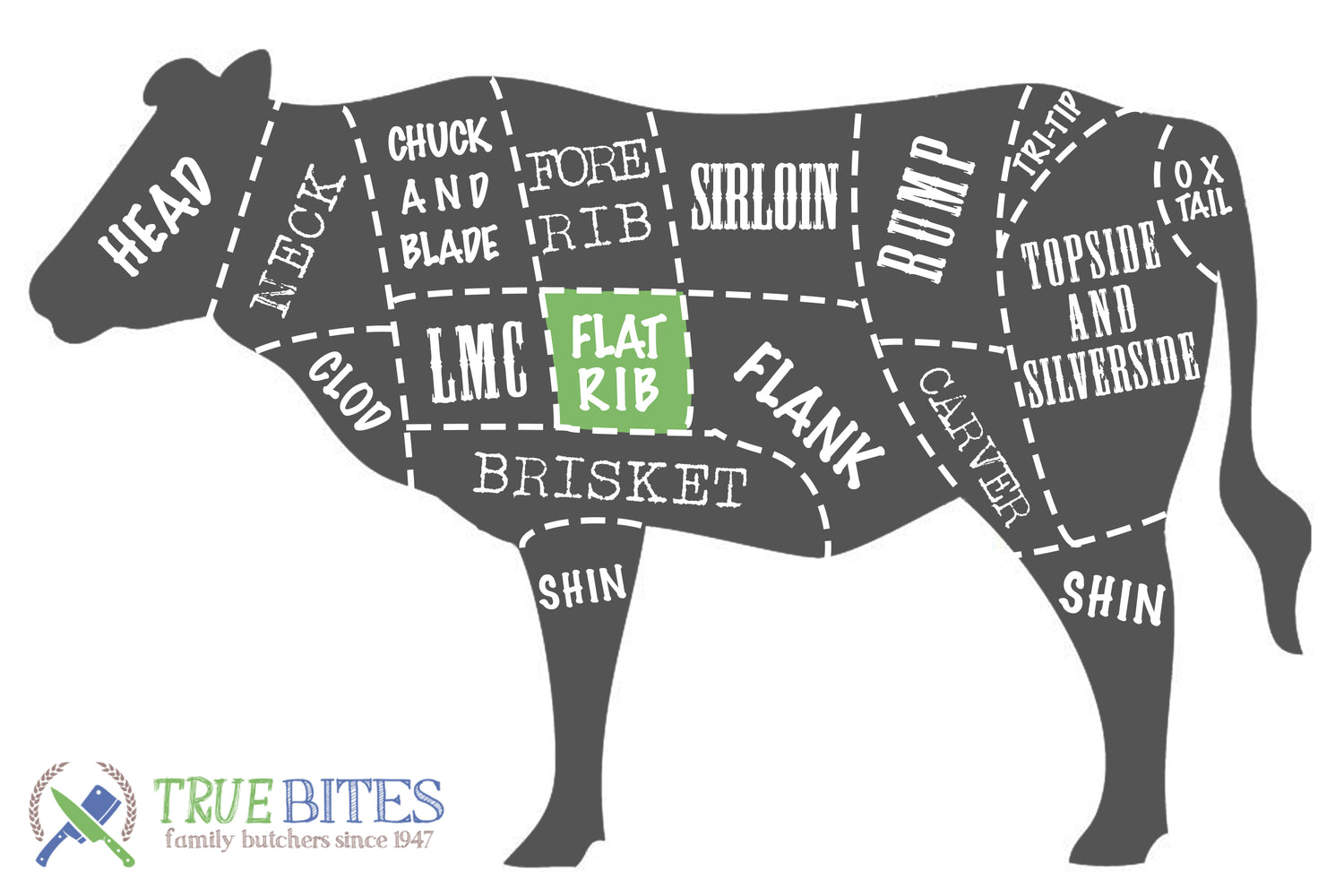 beef cutting diagram highlighting flat rib