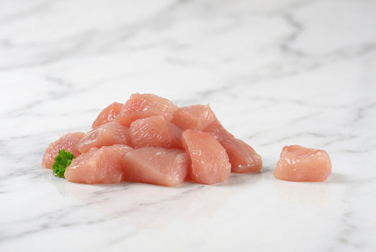 raw diced turkey on a white surface 