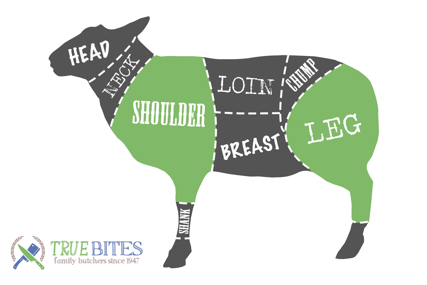 lamb cutting diagram with leg and shoulder highlighted 