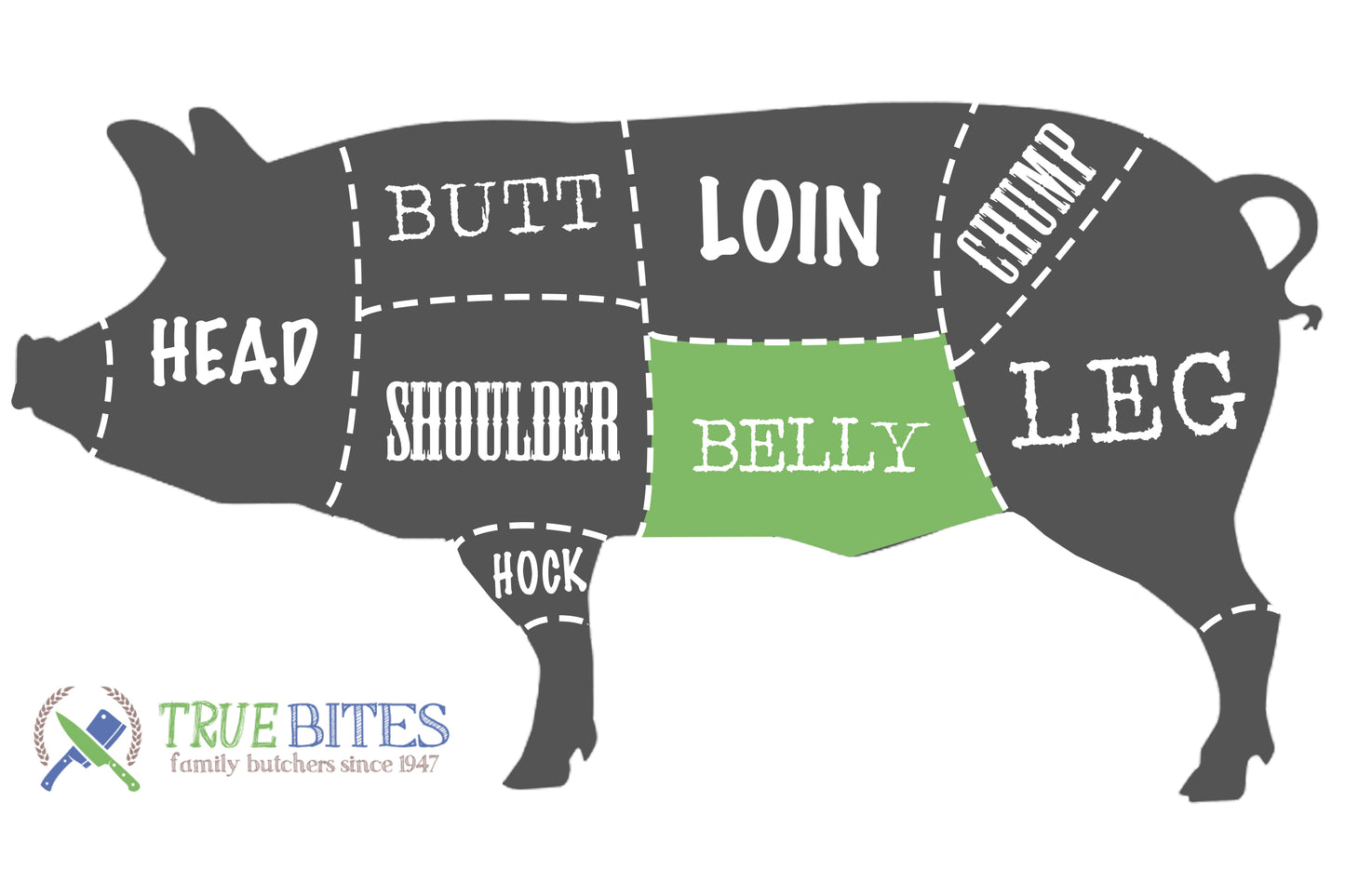pork cutting diagram with belly highlighted 