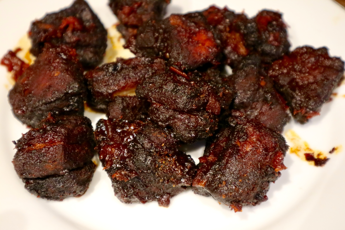 slow cooked pork belly cubes with a sticky pork rub coating