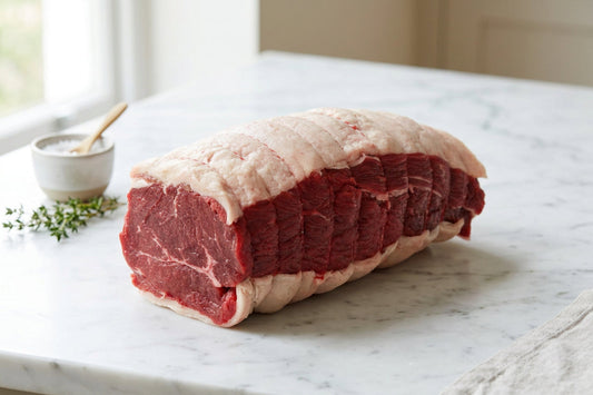 a raw joint of beef topside strung up on a white surface.