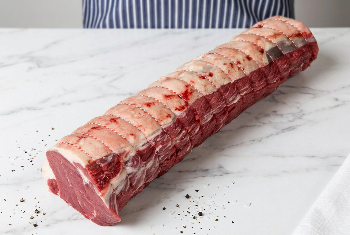 a whole tied boneless beef sirloin joint on a white surface.